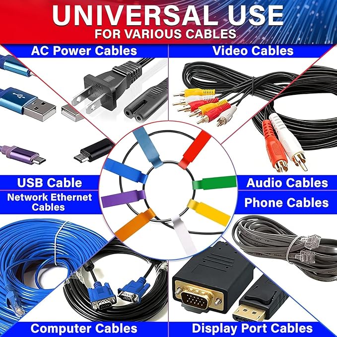 240 PCS Cable Labels Tags for Cable Management – 8 Bright Colors, Self-Adhesive, Tear-Resistant & Waterproof Cord Labels for Electronics | Tags for Wires - Writable or Printable with Laser Printer