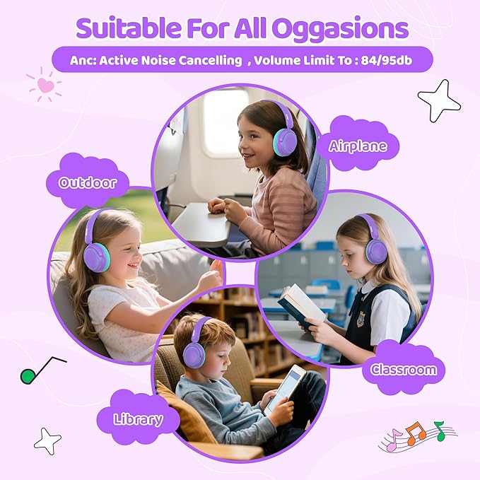 MIDOLA Kids Wireless Headphones Active Noise Cancelling Lightweight Bluetooth Headphone for Kid,Volume Limited 85/94dB Foldable Over-Ear Headset with Mic,68 Hours Playtime,for Toddler Child Purple