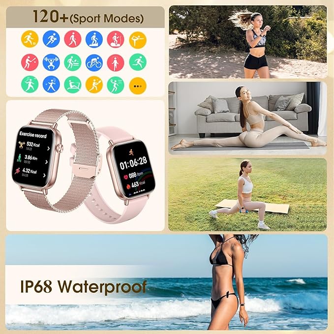 Smart Watch for Women (Answer/Make Calls) 1.83" HD Fitness Step Tracker Smartwatch Compatible Android iPhone Phones with Heart Rate/Sleep Monitor, 120+ Sports IP68 Waterproof, Rose Gold/3 Bands