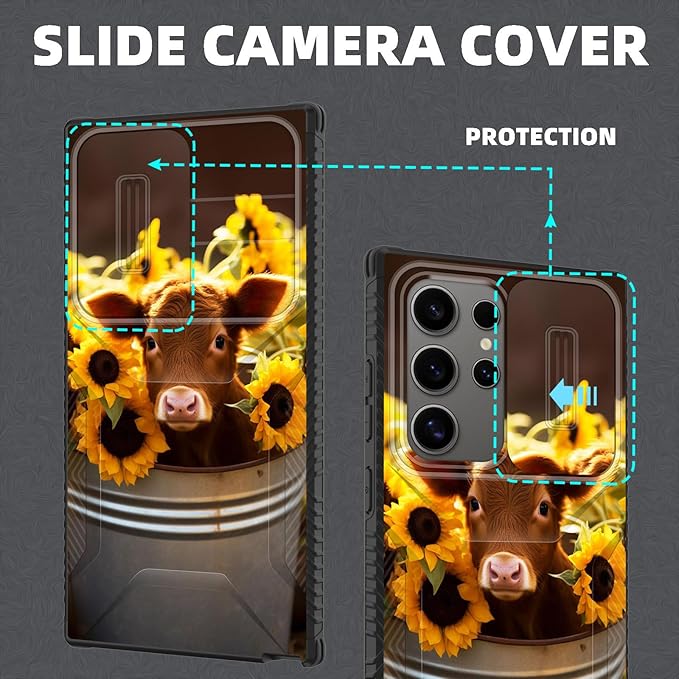 for Galaxy S26 Ultra Case Built in Slide Camera Lens Cover,Heavy Duty Shockproof Protection Dual Layer Case for Samsung Galaxy S26 Ultra 6.9" 2026,Cow with Sunflowers