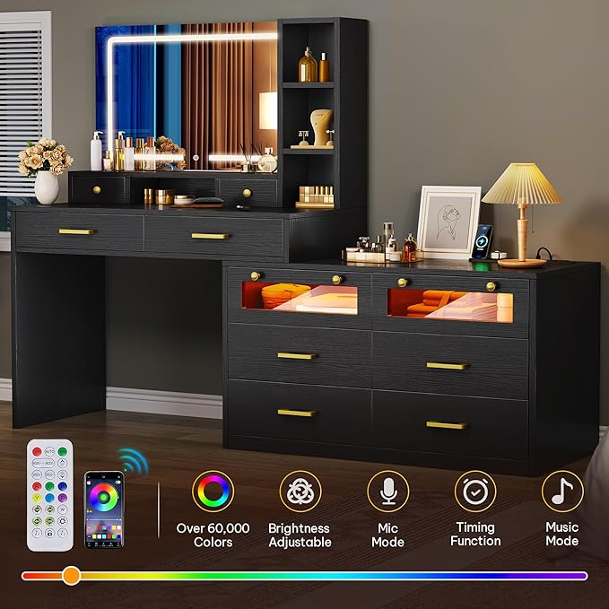 DWVO Large Vanity Desk with Mirror - RGB LED and Charging Station, Make up Vanity Mirror with 3 Lights Mode and Brightness Adjusted, Large Storage Space-10 Drawers, 3 Open Shelves, Black