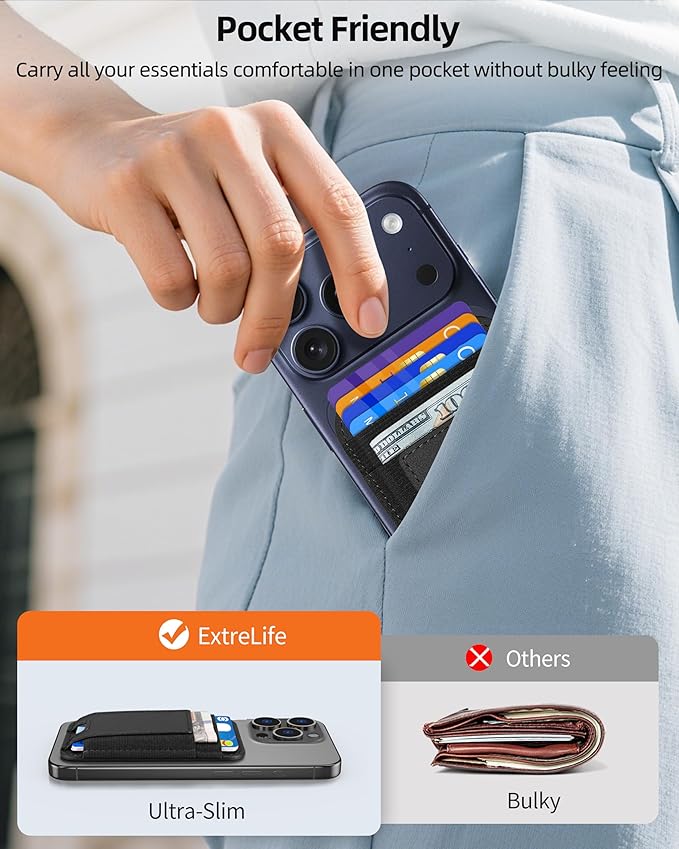ExtreLife Upgraded for Magsafe Wallet, Strongest Magnetic Wallet for iPhone 17/16/15/14/13/12 Series, 7 Cards Holder, Magnetic Phone Wallets, Slim, 2 Card Slots, RFID Blocking, Vegan Leather, Black