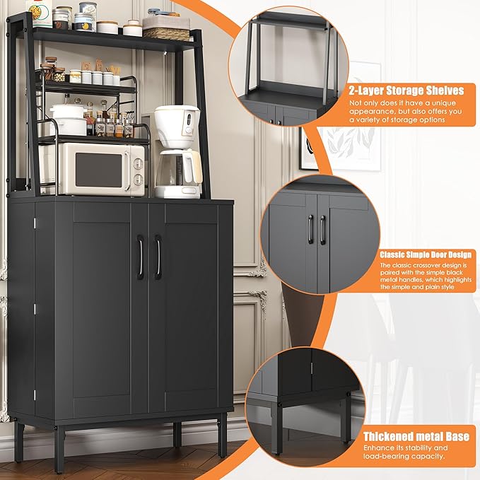 51” Pantry Cabinets with Microwave Shelves, Small Kitchen Pantry Storage Cabinet with Adjustable Shelves, Freestanding Buffet Cupboards Sideboard for Kitchen, Dining Room, Living Room Use (Black)