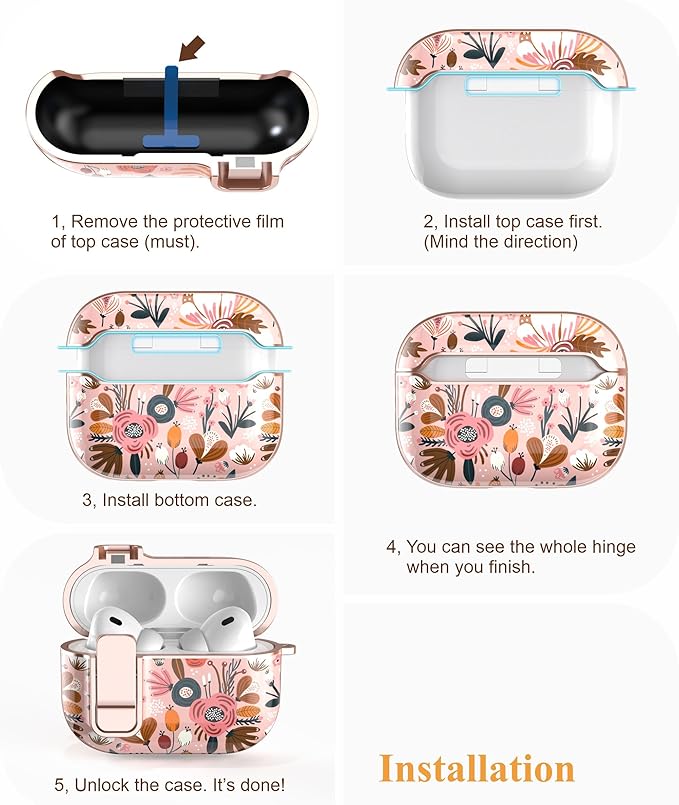 TATOFY for AirPods Pro 3rd (2025) Generation Case with Lock Carabiner Cleaner, Slim AirPod Pro 3 Hard Case Cover, Compatible with MagSafe (Pink)