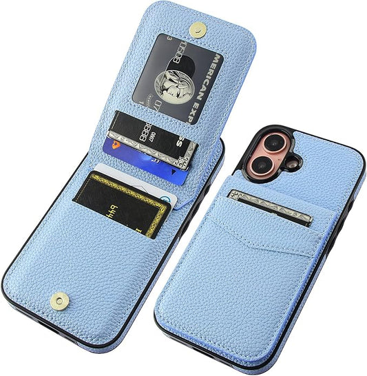 KIHUWEY Compatible with iPhone 16 Case Wallet with Credit Card Holder, Flip Premium Leather Magnetic Clasp Kickstand Heavy Duty Protective Cover for iPhone 16 6.1 Inch (Lichee Light Blue)