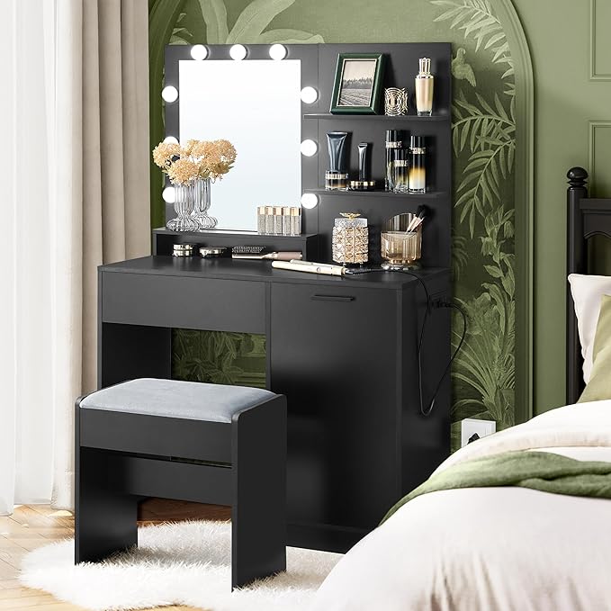VASAGLE Vanity Desk with Mirror and Lights, 35.4-Inch Wide Makeup Vanity with Upholstered Vanity Stool, Power Outlets, Dimmable LED Lights, Storage Drawer, for Bedroom, Ink Black URDT128B01