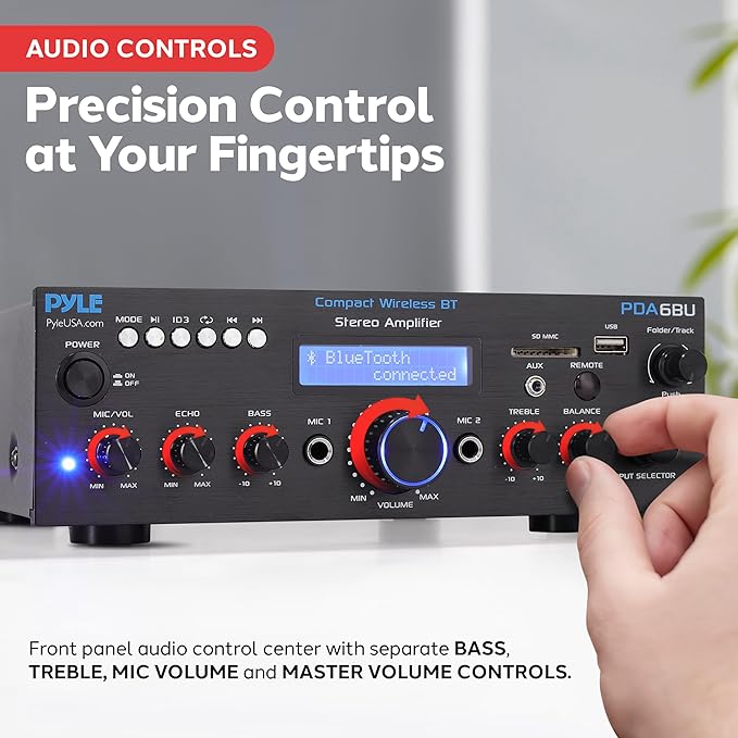 Pyle Wireless Bluetooth Power Amplifier System- 200W Dual Channel Sound Audio Stereo Receiver w/ USB, SD, AUX, MIC in w/ Echo, Radio, LCD, for Home Theater Entertainment via RCA, Studio Use- PDA6BU.7