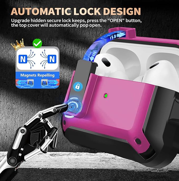 for Airpods Pro 3 Case with Magnetic Automatic Lock, Rugged Apple Airpod Pro 3rd Generation Cover 2025, Armor Shockproof iPod Pro3 Gen Protective Shell with Carabiner&Cleaner kit, Black/Magenta
