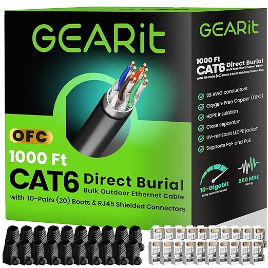 GEARit Cat6 Outdoor Ethernet Cable (Cat 6 DIY Kit - 1000ft Bulk Cable | x20 RJ45 | x20 Boot) 23AWG OFC Pure Copper, FTP, LLDPE, Waterproof, Direct Burial, In-Ground, UV, POE, Network, LAN, Internet