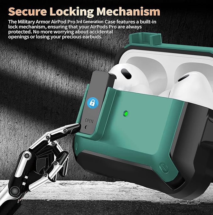 for Airpods Pro 3 Case with Lock Clip, Rugged Apple Airpods Pro 3rd Generation Cover 2025 Men Women, Armor Shockproof iPod Pro3 Gen Protective Hard Shell with Carabiner&Cleaner kit,Black/Green
