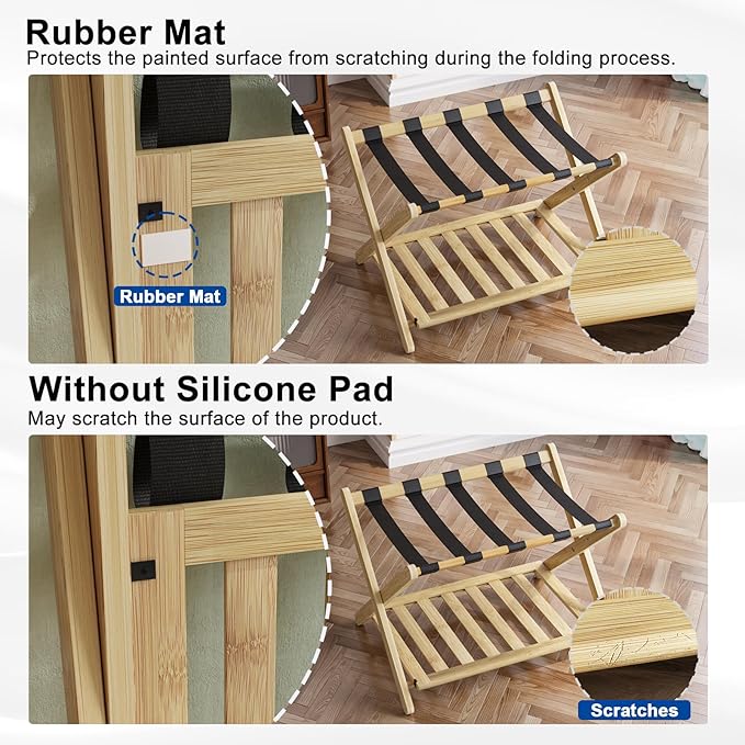 Smuxee Fully Assembled Luggage Rack for Guest Room, Upgraded Bamboo Foldable Suitcase Stand with 5 Nylon Straps, Nature Luggage Holder with Shelf for Bedroom Hotel