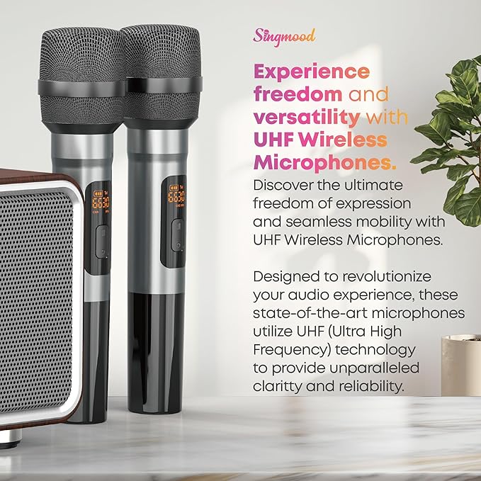 Karaoke Machine with 2 UHF Mic Subwoofer Home Theater Audio Sound Bar Support Optical/Bluetooth/AUX/USB/PC Wooden Karaoke Singing Machine for TV, Home, Karaoke, Singing Party, Christmas (S-73)