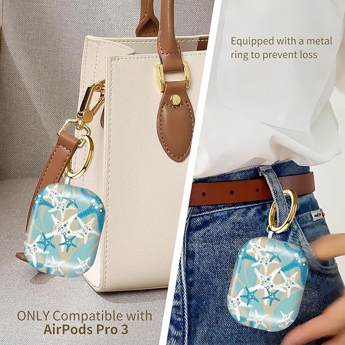 Compatible with AirPods Pro 3 (2025) Case, Airpod Pro 3 Protective Cover with Cute Golden Keychain for Girls & Women (Beach Starfish)