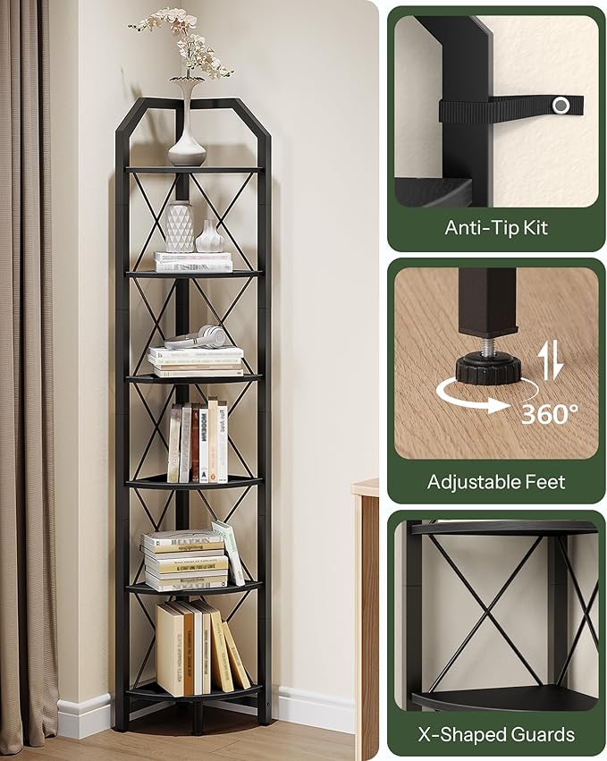 6-Tier Corner Shelf, Industrial Corner Bookshelf, 71.2" Display Storage Stand, Plant Stand Display Shelf, Tall Bookcase for Bedroom, Living Room, Home Office, Black TCJ11BB