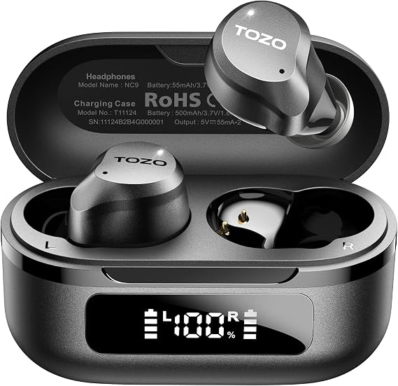 TOZO NC9 Hybrid Active Noise Cancelling Wireless Earbuds, 60H, LED Display