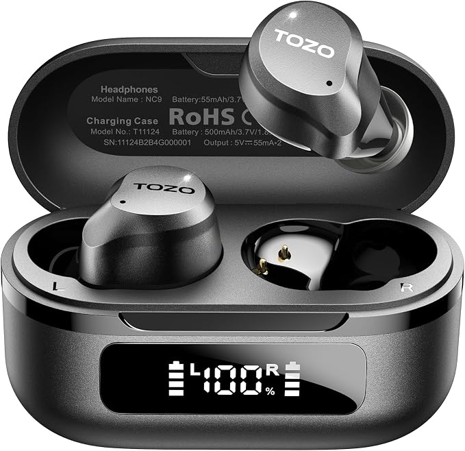 TOZO NC9 Hybrid Active Noise Cancelling Wireless Earbuds, 60H, LED Display