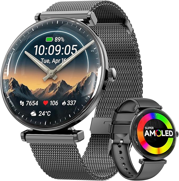 Smart Watches for Women Men[Calls/2 Bands/Metal Thin Body] for Android iPhone Samsung Compatible,1.43" Micro-Spherical AMOLED Screen,IP68 Waterproof Sports Watch (Black Steel)