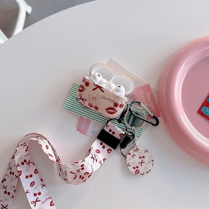 Vintage Bow Cherry Lip Design Air Pod Pro 3 Generation Case（2025） with Bow Cherry Lip Lanyard Keychain，Unique IMD Process TPU Soft Pro 3 Case