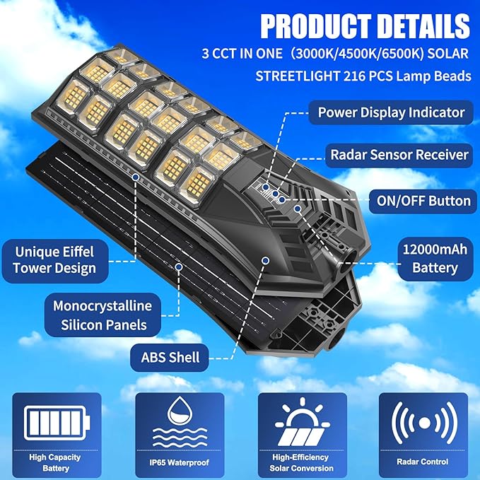 Solar Street Lights Outdoor Waterproof IP65, 3000K/4500K/6500K Solar Floodlight Dusk to Dawn with Motion Sensor and Remote, Solars Security Lights for Outside Yard, Garden (2 Pack)