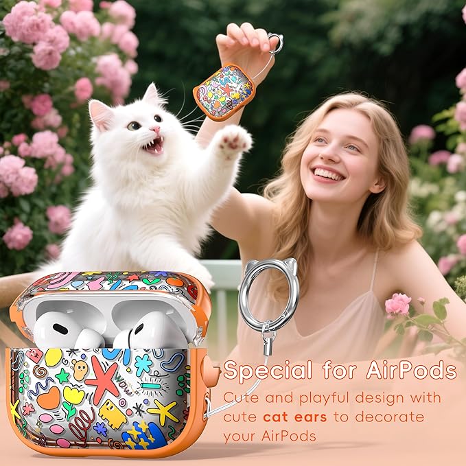 for AirPods Pro 2 Case with Cleaning Kit, Cute Cat Ear Print Design & Cute Buckle for Girls, Phone Holder & Top Safe Lock Buckle Design for AirPods Pro 2nd/1st Gen case, Orange Seaworld