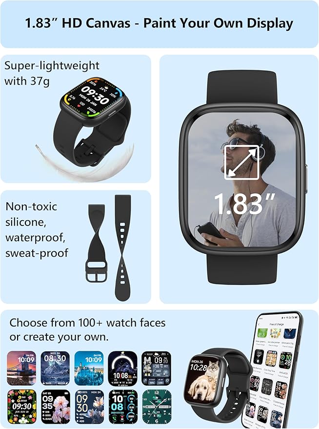 Smart Watch for Women Men Android & iPhone [2 Bands, 44mm case], Alexa Built-in, 1.83'' Smartwatch Make/Answer Call, HR SpO2 Sleep Stress Monitor Fitness Tracker, IP68 Waterproof Step Counter Watch