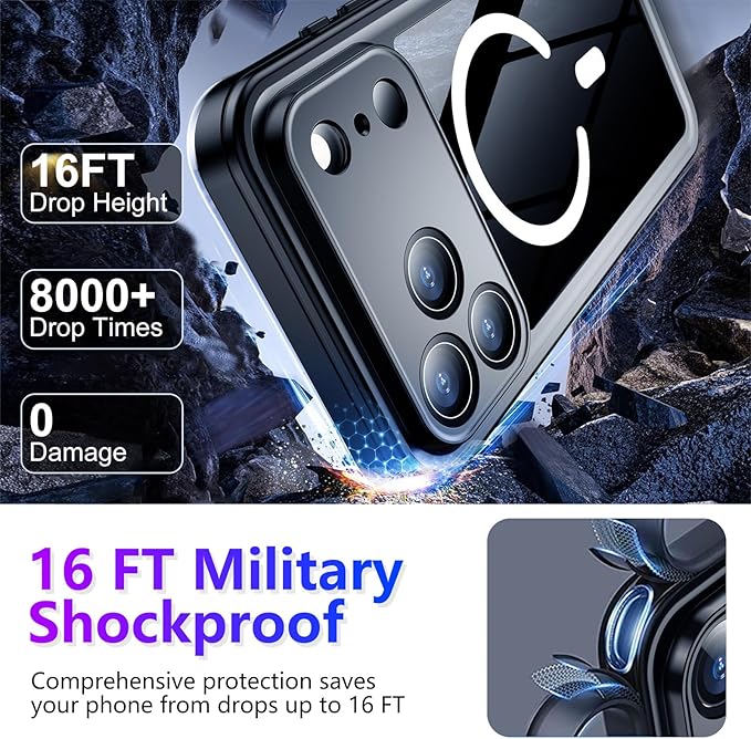 Temdan Magnetic Compatible with iPhone 17 Pro Max Case,Waterproof Built-in Screen & Camera Protector IP68 Underwater Full Body 17FT Military Dropproof Shockproof Phone Case 6.9"-Mag/Black