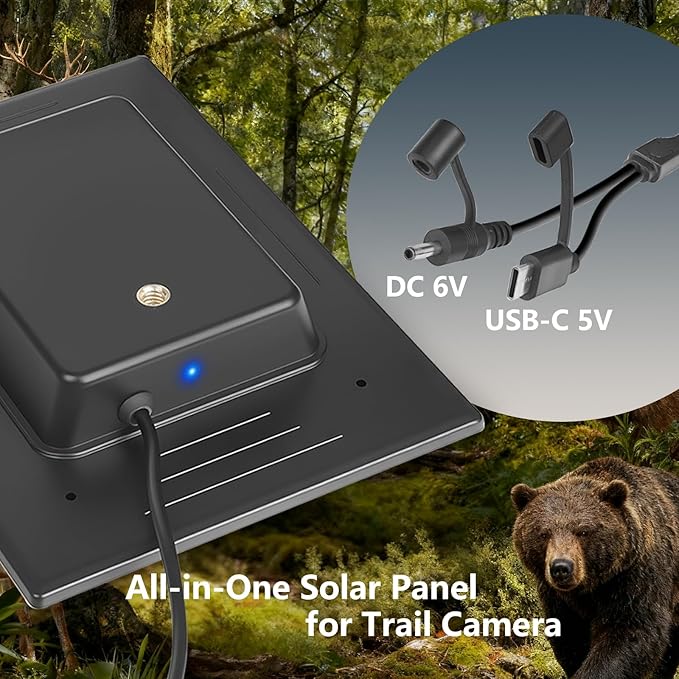 LIYVZ 3W Trail Camera Solar Panel with Built-in Battery 4000mAh 2 Packs, USB-C 5V & DC 6V Stable Output, 10 ft Cable & 360° Adjustable Bracket, IP65 Weatherproof, Compatible with Trail/Game Cameras