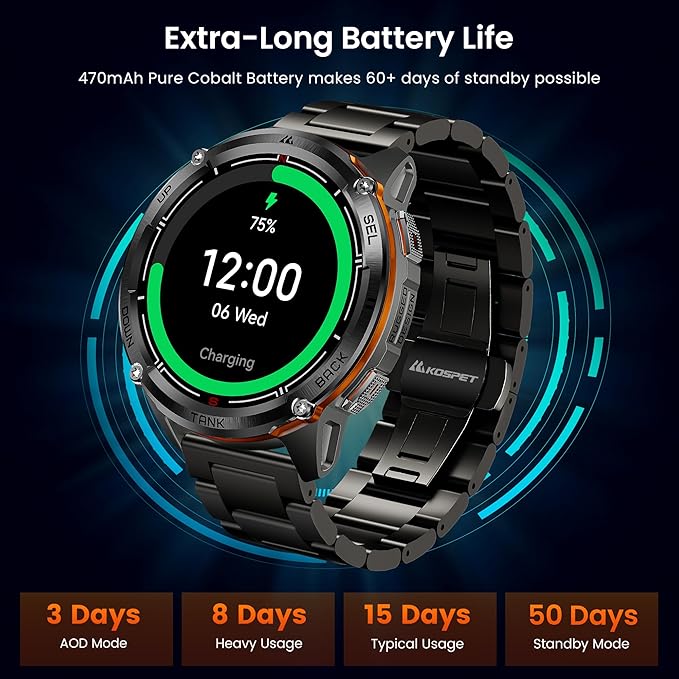 KOSPET Tank T3 Ultra 2 GPS Smart Watch for Men, Extra-Long Battery, Full Stainless Steel Body Rugged Smartwatch with Bluetooth Calling, Pressure&Altitude&Compass, 1.43" AMOLED Display(2 Bands)