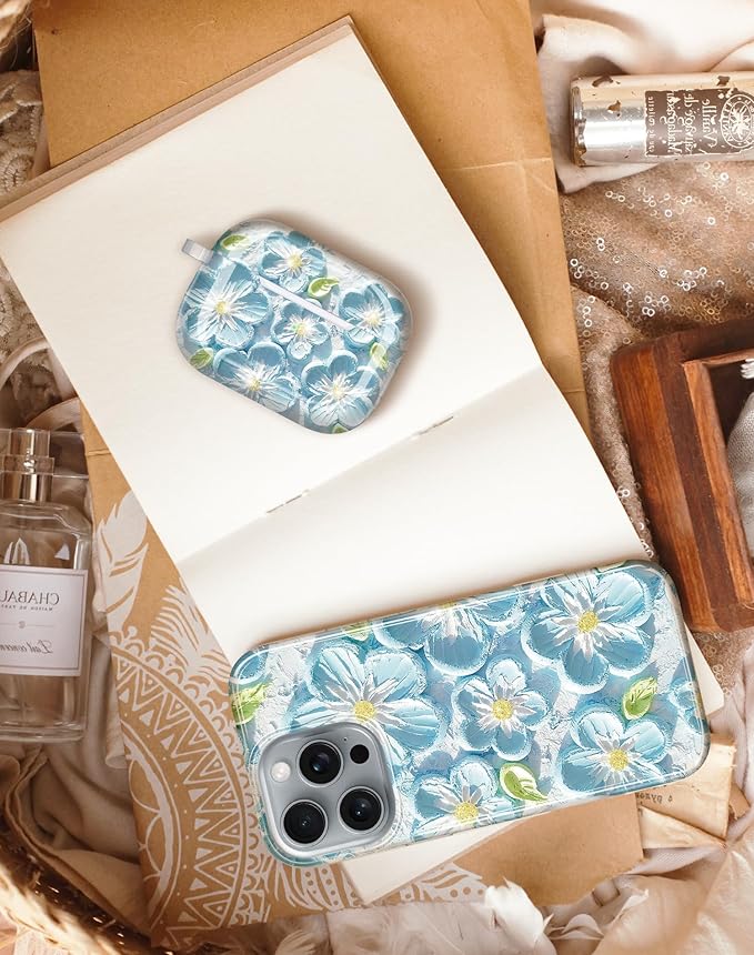 JIAXIUFEN Compatible with AirPods Pro 2 Gen/1 Gen Case Cover Retro Oil Painting Printed Flower Protective TPU Skin Accessories for Women Girl Mint Blue