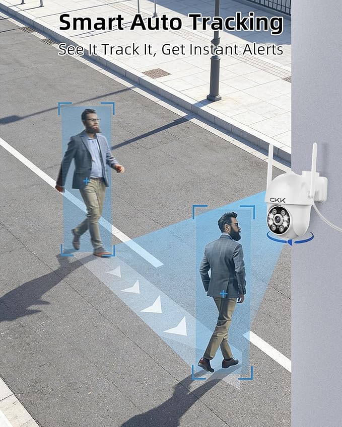 CKK 2K Security Cameras Outdoor, 2.4G/5G Wireless Home Security Camera, Corded Power,360 PTZ, Motion Detection, Color Night Vision, 2-Way Talk, Waterproof, Audible & Floodlight Alarm, Works with Alexa