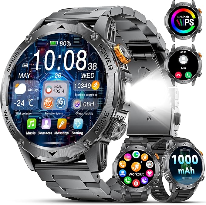 Military Smart Watches with 1000 mAh Battery/Flashlight/3 Bands,1.75'' HD Display Smart Watch(Make Call),IP68 Waterproof Fitness Tracker with Heart Rate,Sleep Monitor,100+ Sport Modes,for iOS Android
