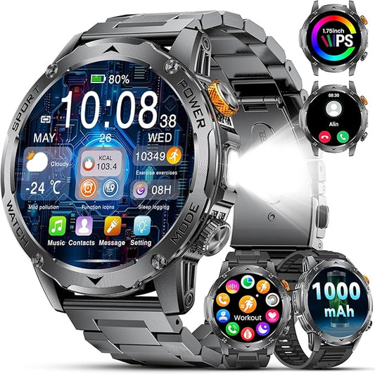 Military Smart Watches with 1000 mAh Battery/Flashlight/3 Bands,1.75'' HD Display Smart Watch(Make Call),IP68 Waterproof Fitness Tracker with Heart Rate,Sleep Monitor,100+ Sport Modes,for iOS Android
