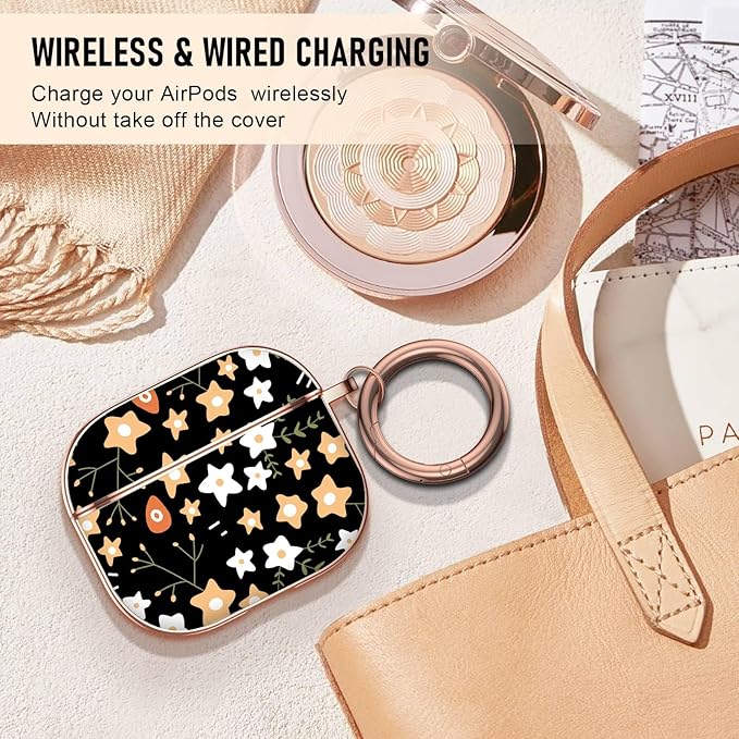 Maxjoy for AirPods 3rd Generation Case, Unique Design Hard Protective Shockproof Airpods 3 Cover with Keychain, Compatible with Apple AirPods 3rd Charging Case, Black Star Flowers Lanyard