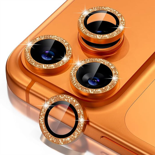 Misea Compatible for iPhone 17 Pro/iPhone 17 Pro Max Camera Lens Protector Bling, 9H Tempered Glass Camera Cover Screen Protector Metal Individual Ring Decoration Accessories, Orange Glitter