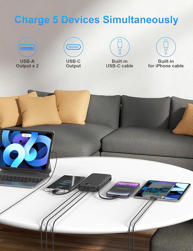 Portable Charger with Wall Plug, 10000mAh USB C Power Bank Fast Charging, External Battery Pack with Built in Cables, Digital Display, 5 Output 4 Input for iPhone Android Cell Phone Tablet