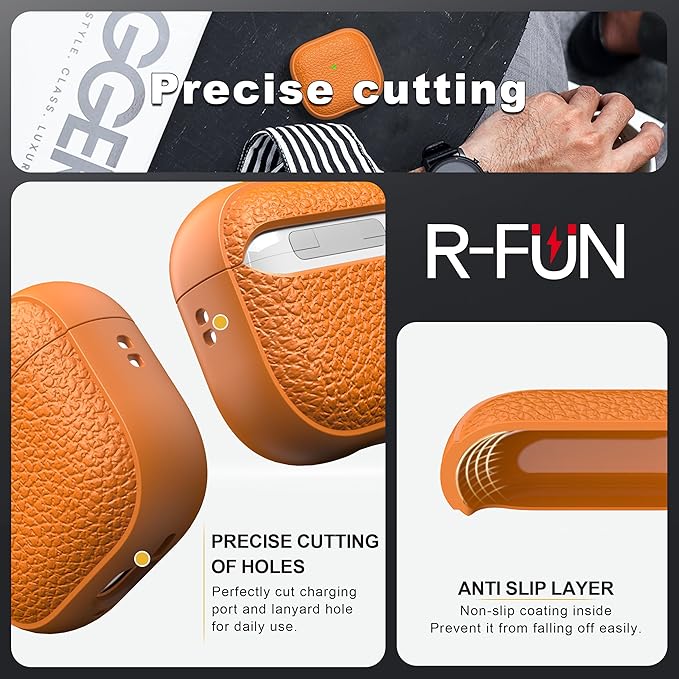 R-fun for Airpods 4 Case, Soft TPU (Leather-Like Design) Drop Protection Cover for Men and Women with Lanyard and Cleaner Kit, Compatible with Apple Latest Airpods 4th Gen(USB-C)(2024)-Orange