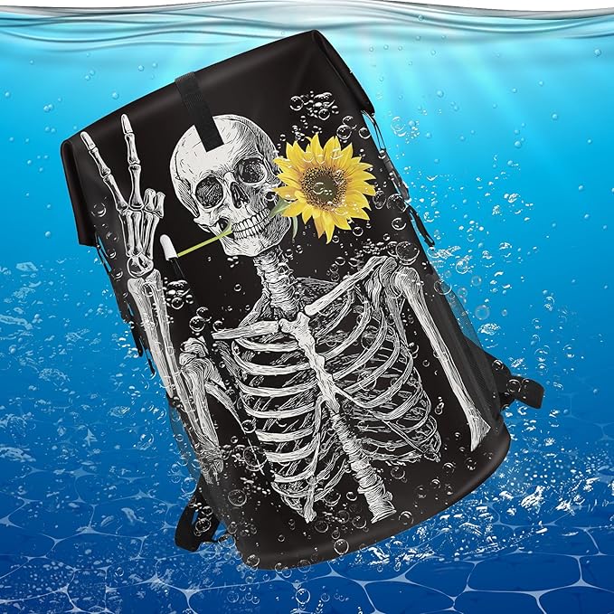 Waterproof Dry Bag Marine Dry Bags for Kayaking Hiking Skull Sunflower Black Backpack Roll-Top Closure Bag - Backpack Waterproof Phone Case 5L