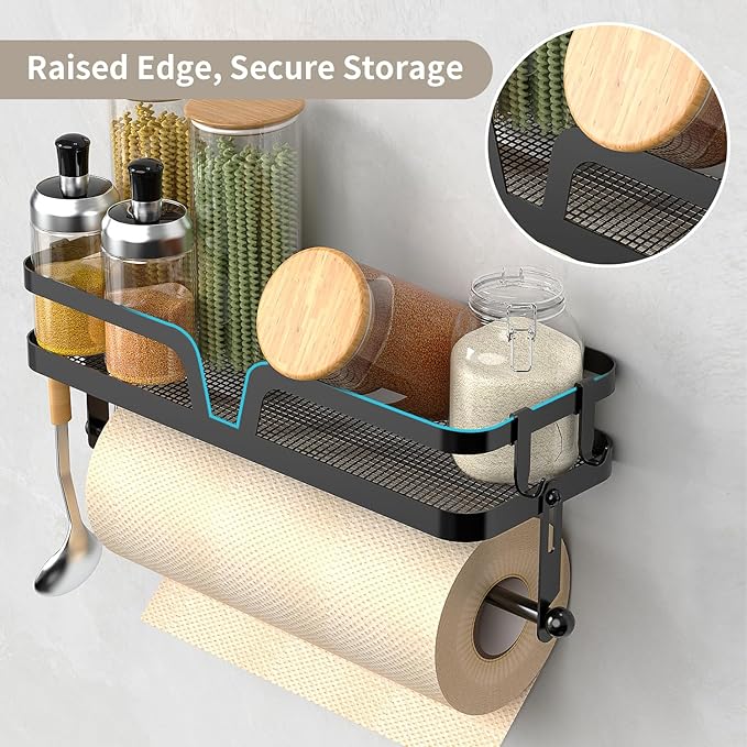 YIGII Wall Mounted Paper Towel Holder with Shelf, 2-in-1 Wall Mount Paper Towel Roll Holder, Adhesive Spice Rack with 4 Hooks for Kitchen, Garage and Tool Room, Black