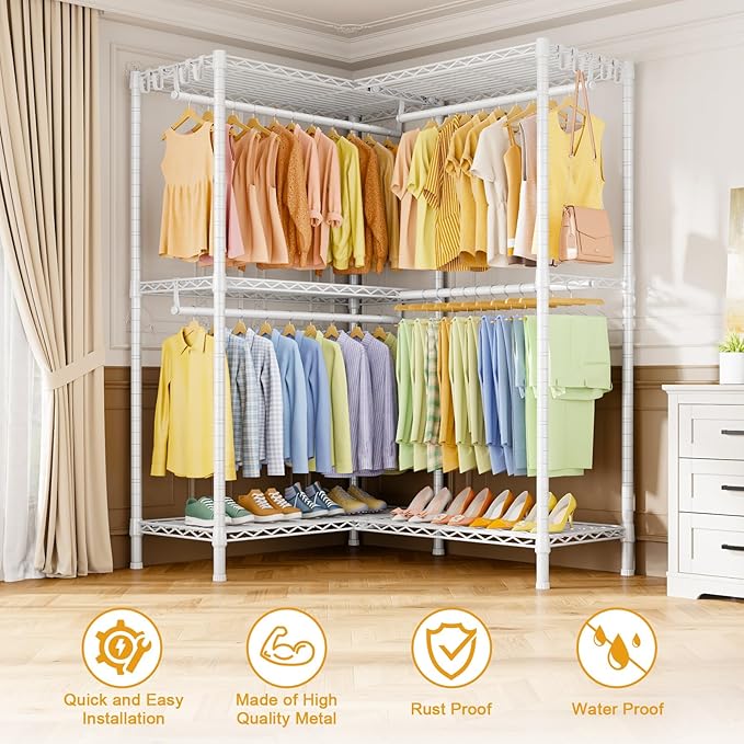 E15 Garment Rack L Shaped Clothes Rack for Corner，Freestanding Clothing Racks for Hanging Clothes，Heavy Duty Closet Organizer with 4 Hanging Rods & 8 S Hooks，43.3" W x 29.4" D x 78.4" H，White