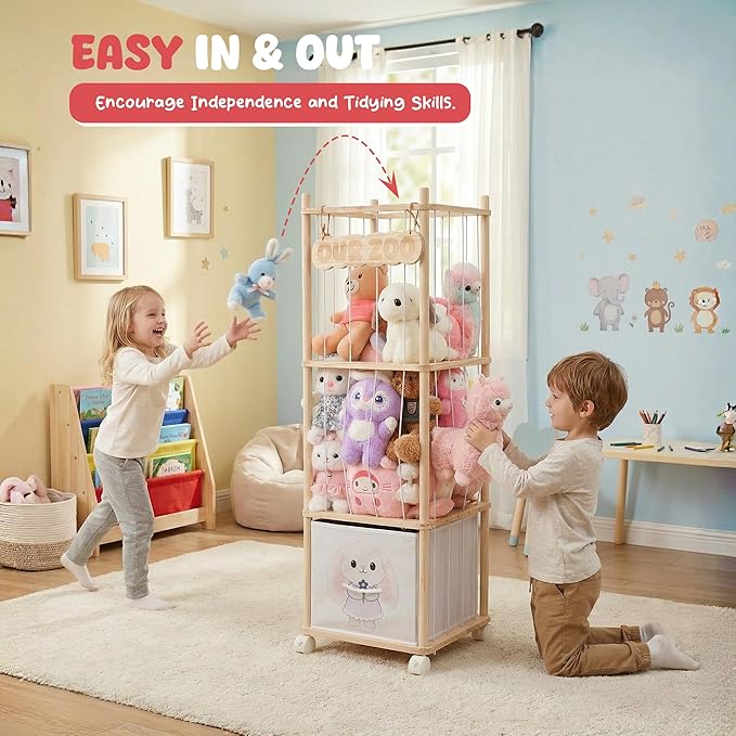 Stuffed Animal Storage with Removable Fabric Bins & Locking Wheels, 2-in-1 Wooden Toy Organizer and Display Shelf - Space-Saving for Playroom, Bedroom, Nursery