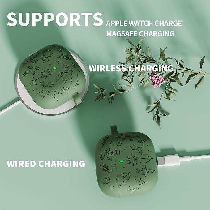 DamonLight Flora Engraved Case for AirPods 4 with Active Noise Cancellation Cover Shockproof Protective Soft Silicone Case with Cleaning Pen and Keychain for Apple Airpods 4th Generation(Olive Green)