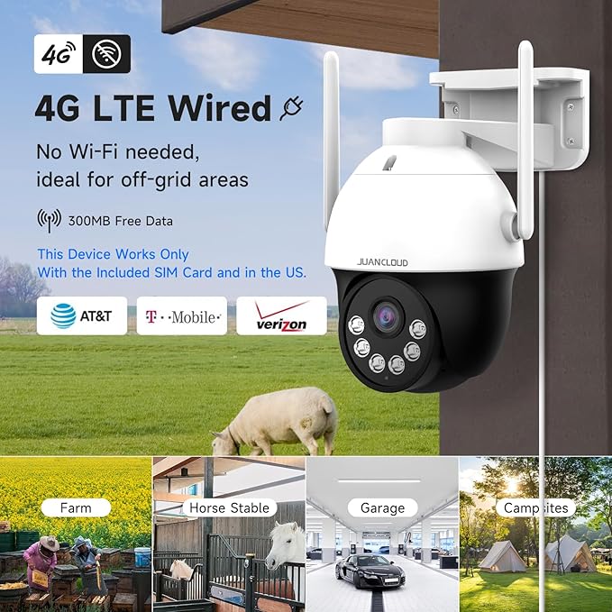 4G LTE Cellular Security Camera Wireless Outdoor, No WiFi Camera with 360° Pan Tilt Auto-Tracking, Siren Alert, Color Night Vision, 2-Way Audio, 32GB SD Card & SIM Card, IP66