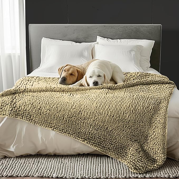 Muddy Mat® Dog Blanket - Chenille Water Absorption Blanket for Bed & Couch Cover for Dogs Washable, Anti-Slip Soft and Durable Furniture Protector for Dogs - Beige 48"x56"