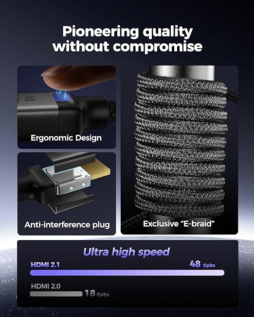 Silkland Certified HDMI 2.1 Cable, [4K@240Hz 144Hz 120Hz, 8K@60Hz] 1440P Ultra High Speed HDMI Cable 48Gbps (Upgrade Braided), HDR10+, eARC, HDCP 2.3, Compatible for Xbox/PS5/PS4/Roku TV-6.6ft