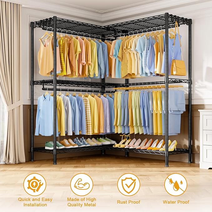 E15 Plus Garment Rack L Shaped Clothes Rack for Corner，Freestanding Clothing Racks for Hanging Clothes，Heavy Duty Closet System with 4 Hanging Rods & 8 S Hooks，48.5" W x 35" D x 78.4" H，Black