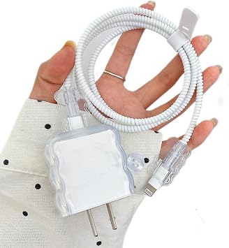 Cute Charger Cord Protector for iPhone Charger,Classic Clear Design Charger Cable Protector for Women Girl,Not Yellowing Soft Wave Shape Charger Cover,Charger Saver Lightning,Cable Charger Protector