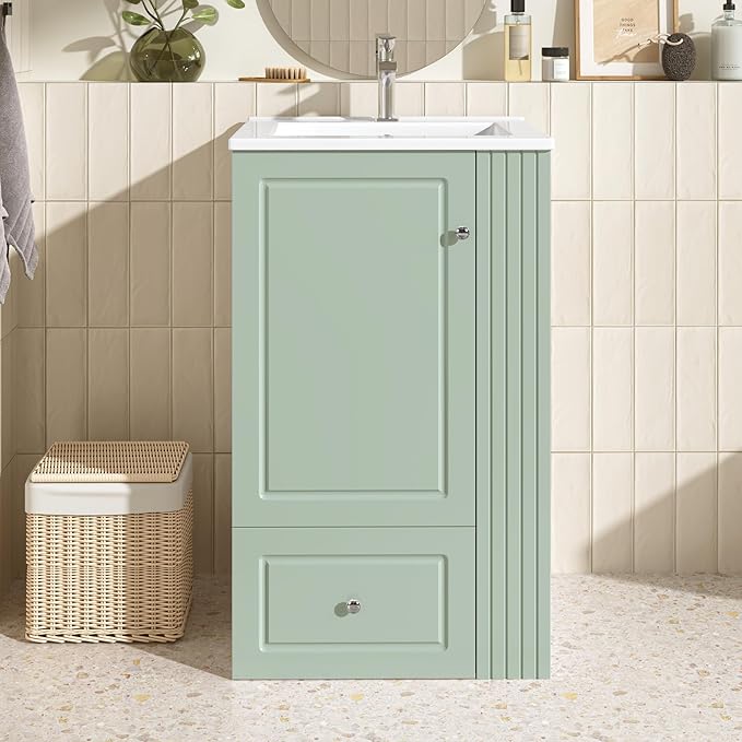 20 in Small Bathroom Vanity with Sink,Drawer,Doors and Side Storage & Toilet Paper Holder, Solid Wood & MDF Modern Single Bathroom Sink Cabinet with Drawers,Freestanding (Green,20 in)