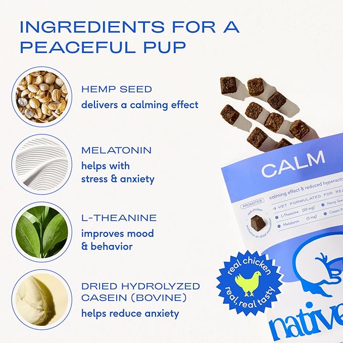 Native Pet Calming Chews for Dogs - Melatonin for Dogs Anxiety Relief - Grain Free All Natural Hemp Calming Treats & L-Theanine Helps Manage Stress & Separation Anxiety - Puppy Sleep Aid - 120 Chews
