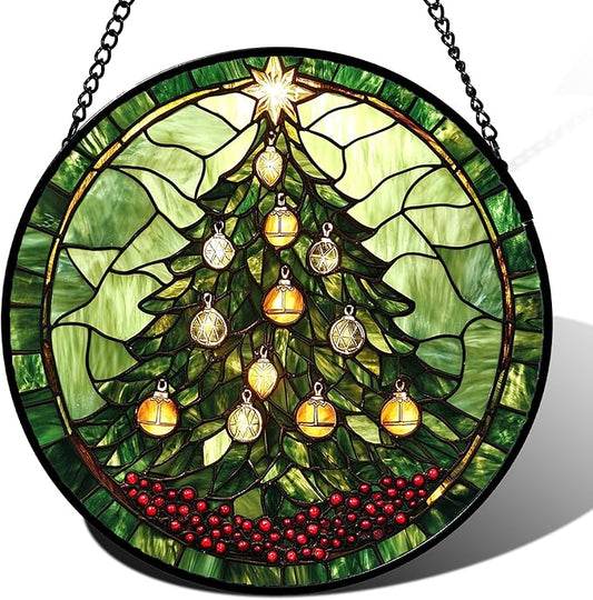 Stained Glass Window Hanging - Green Christmas Tree Golden Bells Suncatcher for Doors Home Christmas Decoration Sun Catcher Thanksgiving New Year Birthday Gift for Women Men Mom Nana 9.8 in