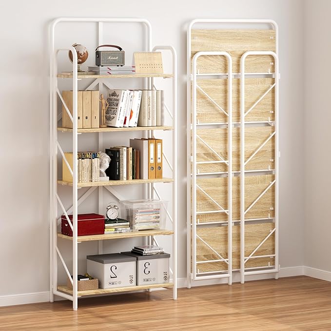 JSB 5 Tier No Assembly Folding Bookshelf, Foldable Storage Bookcase for Home Office, Space-Saving Storage Shelf for Living Room, Bedroom (White, 5-Tier)